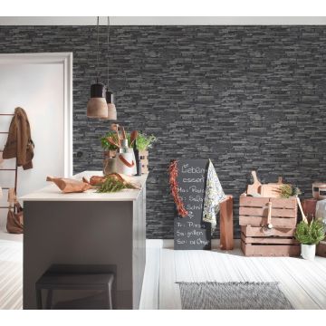 A.S. Création Elements 2 3D leistenen behang grijs zwart - Voordeelpakket 3 rollen (16,0 m²)